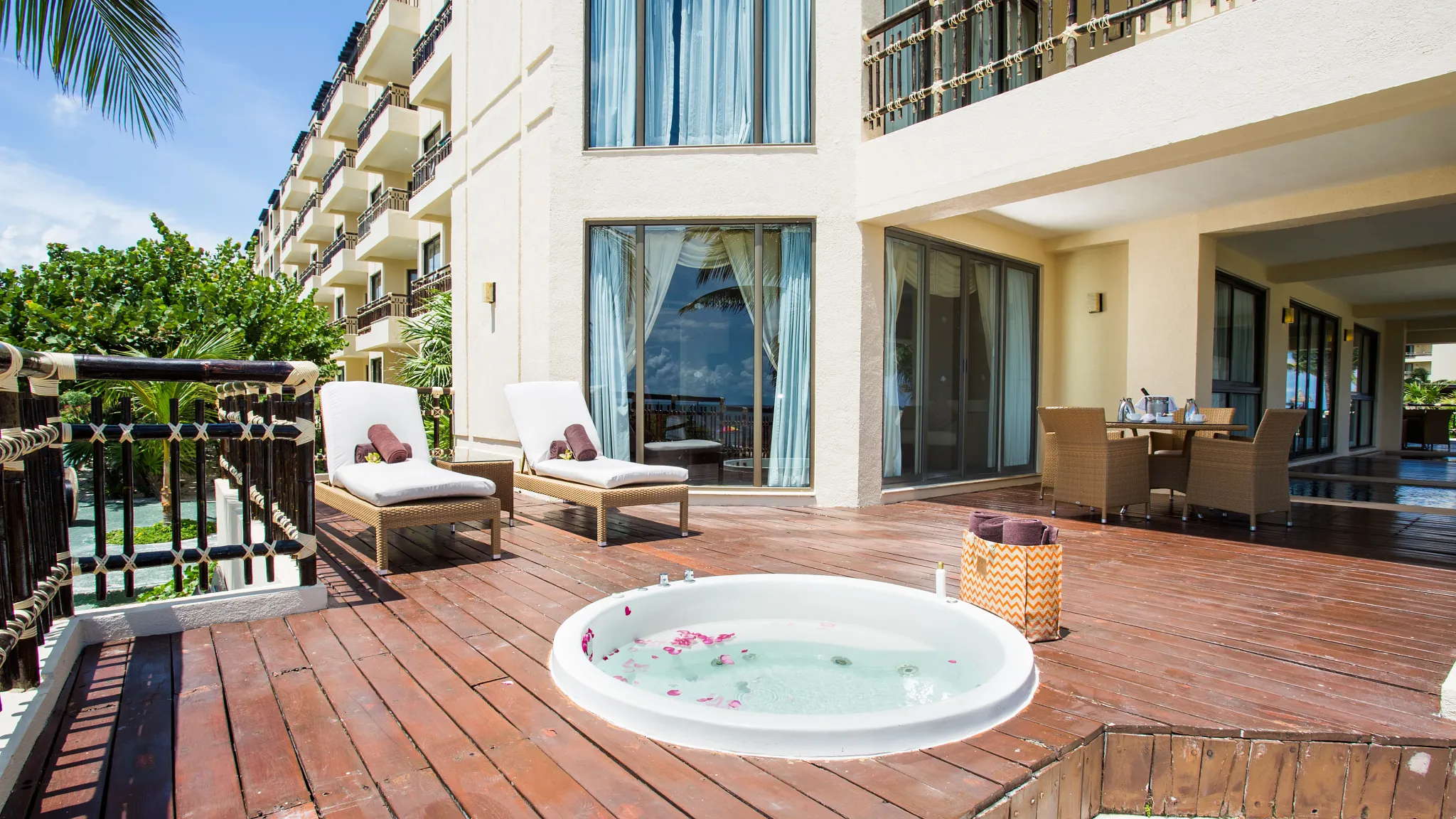 Preferred Club Ocean Front Governor Suite terrace with plunge pool and ocean views at Dreams Riviera Cancun Resort & Spa.